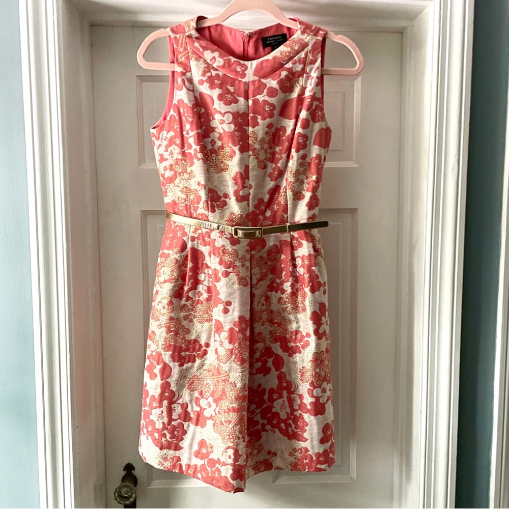Tahari | Dresses | Tahari Asl Metallic Jacquard Coral Cream Fit Flare Dress  Gold Belt Size 6p | Poshmark